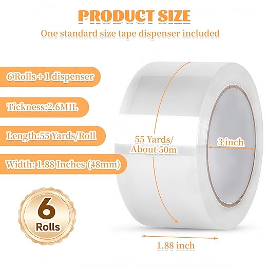6-Pack Clear Packing Tape with Dispenser, 2.7mil x 1.88 Inches x 55 Yards Heavy Duty Packaging Tape, Strong Adhesive Packing Tape for Moving Boxes, Shipping, Mailing and Storages