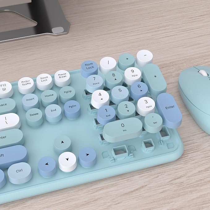 UBOTIE Colorful Wireless Keyboard and Mouse Combo (Blue-Colorful) | Retro Typewriter Floating Full-Sized Keys Computer Keyboard with Optical Mouse, 2.4GHz USB Connection for Windows Mac