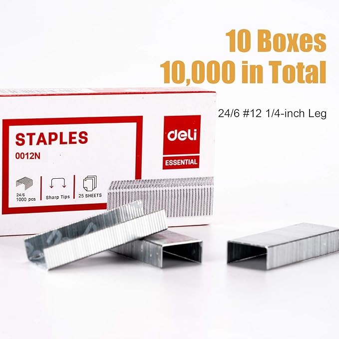 Deli 10,000 Staples, Fits Deli 25, 40 and 60 Sheet Capacity Staplers, Standard 1/4 Inch Length, 24/6, Jam Free Sharp Chisel Point Design, 10 Boxes of 1,000 Staples, Fits Standard Staplers(0012N)