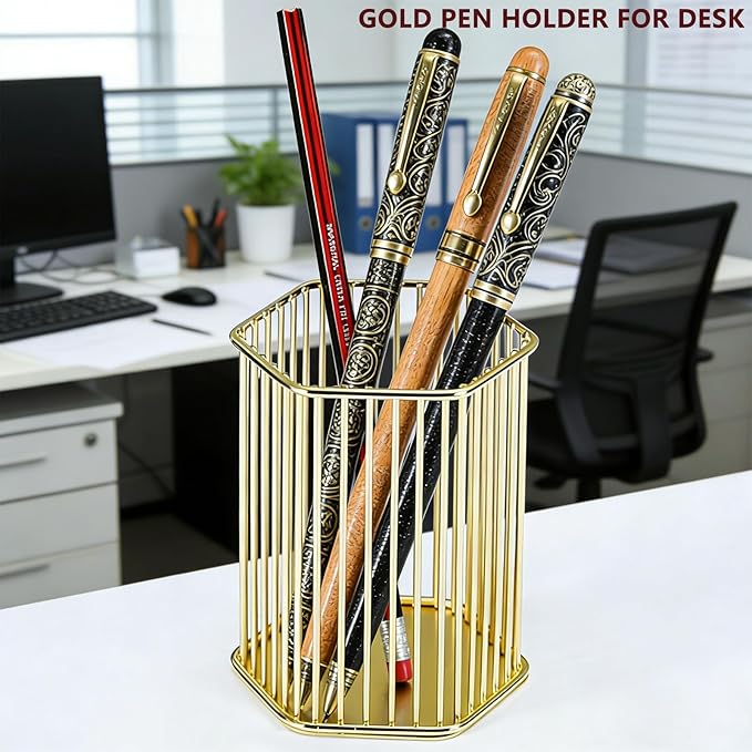 Gold Metal Pen Holder for Desk - Heavy Duty Makeup Brush Organizer Cup with, Pencil Holder for Office & Home, Storage for Stationery/Cosmetics/Art Supplies, Matte Finish, 4.8 Inch (Hexagon)