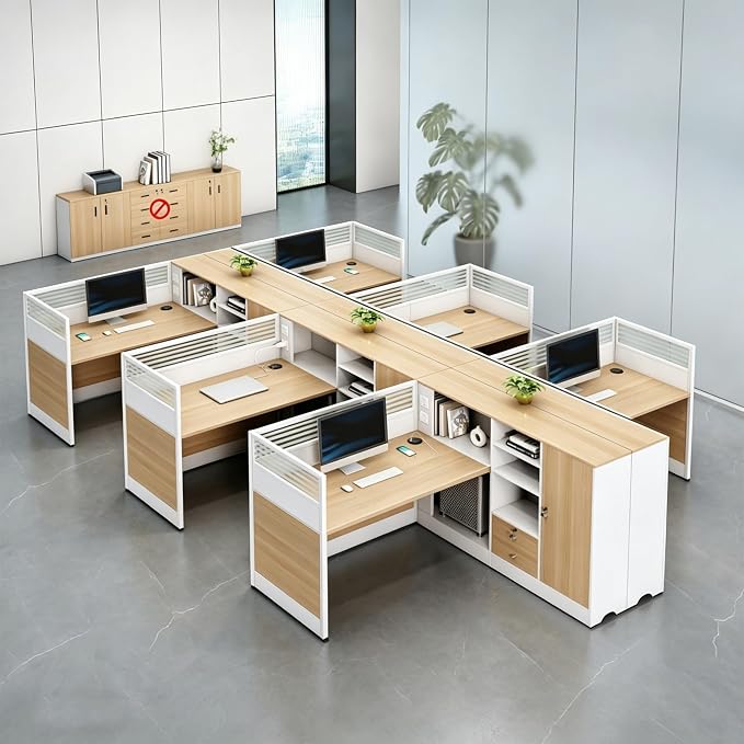 Modern Office Workstation Desk with Side Storage Cabinet, Tempered Glass Privacy Panels, USB Charging Hub & Cable Management, Modular Cubicle Desk for Office Work (D - Right, 6P)