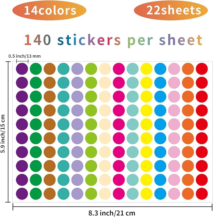 0.5 Inch 14 Colors Color Coding Labels Circle Dot Stickers,Can be Used in Offices, Student Classrooms and Other Scenes.