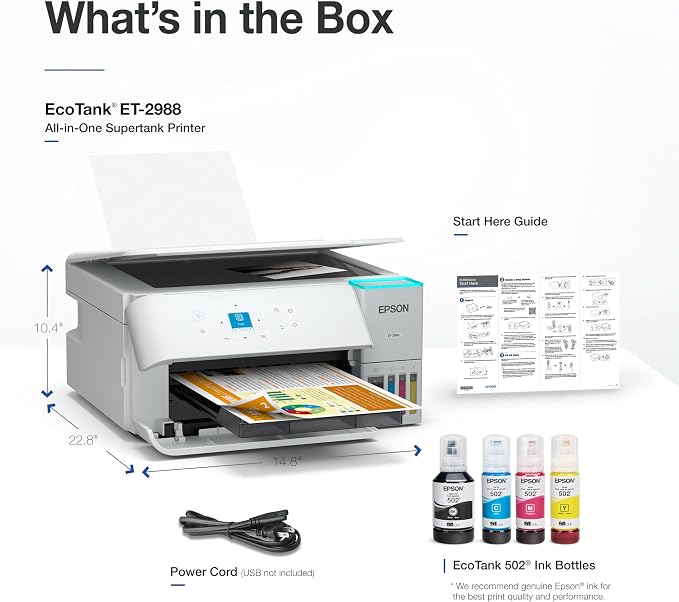 Epson EcoTank ET-2988 Wireless All-in-One Color Supertank Printer with up to 3 Years of Ink, Refillable Tanks, Perfect for Home, 15 PPM, 1.44" Color Screen, Auto 2-Sided Printing (Renewed)