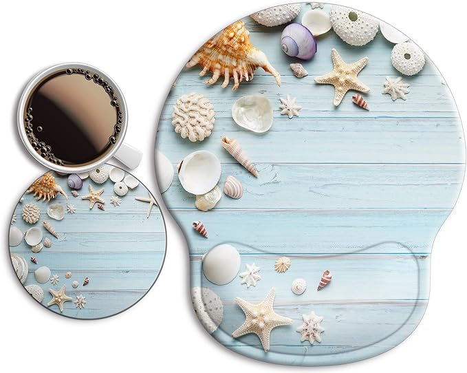 Ergonomic Mouse Pad with Wrist Support Rest,Large Mousepad Gel Wrist Rest, with Coaster Non-Slip & Pain Relief for Computer, Desk, Home&Office-Seashell