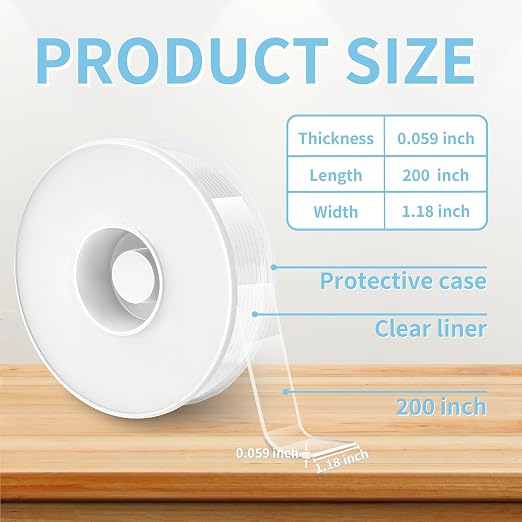 Heavy Duty Double Sided Tape, 1.18 x 200 in, Clear, 2 Pack | Removable washable nano gel holds 6 lbs per 4 sq in; protective cases for carpet, posters, pictures, home office and RV