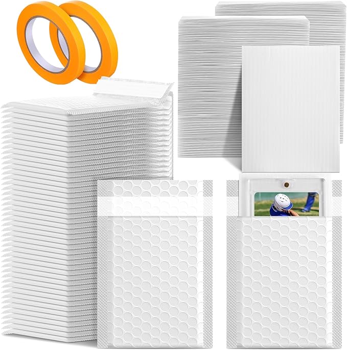 302 Pcs Trading Card Shipping Protector Set Include 200 Precut Plastic Inserts Card Mailers 100 Poly Bubble Mailers Padded Envelopes and 2 Masking Tape(White,5.1 x 5.9 Inch)