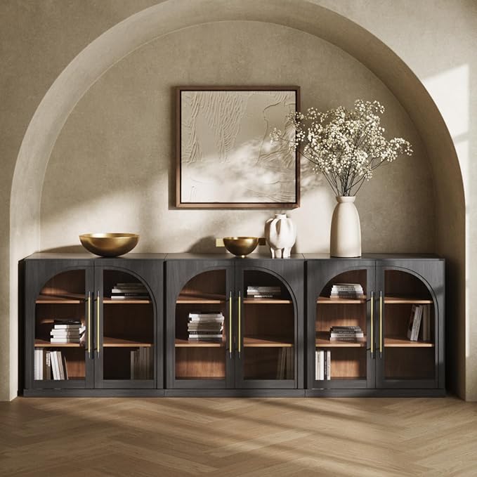 BELLEZE 3 Tier Bookshelf with Arched Glass Door, Set of 3 Modern Display Bookcase Shelf with Storage and Adjustable Shelves, 97'' Wood Bookshelves for Living Room Office Entryway (Ebony)
