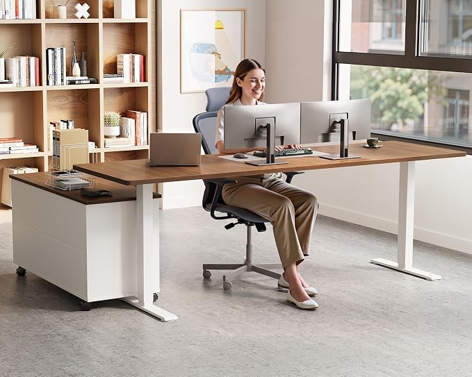 71" L Shaped Electric Standing Desk with Cabinet Sets, Walnut/White | Mobile Drawers & File Cabinet Sets for Flexible Layout, Height Adjustable Executive Stand Up Desk for Home Office Workstation