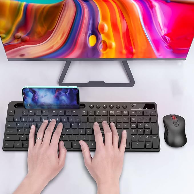 Wireless Keyboard and Mouse Combo, MARVO 2.4G Ergonomic Wireless Computer Keyboard with Phone Tablet Holder, Silent Mouse with 6 Button, Compatible with MacBook, Windows (Black)