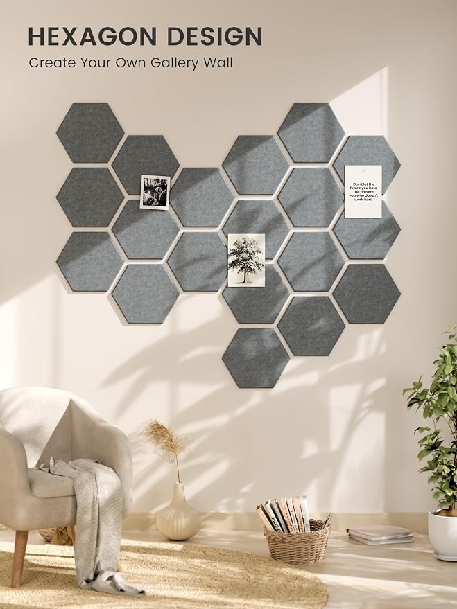 Fluxynara 12-Pack Hexagon Felt Bulletin Board Tiles, Blue Gray | Cork Board Alternative with 60 Adhesive Tabs for Notes, Photos and Reminders in Home Offices, Dorm and Classrooms