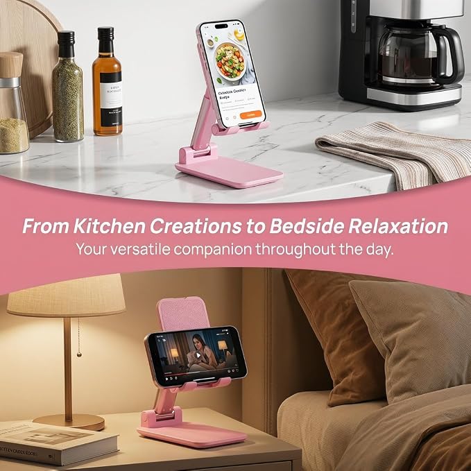 Phone Stand for Desk, Cell Phone Holder Cute Smart Cellphone Stand Foldable Stands Compatible with Under 8" Devices, Office Accessories, Sakura Pink