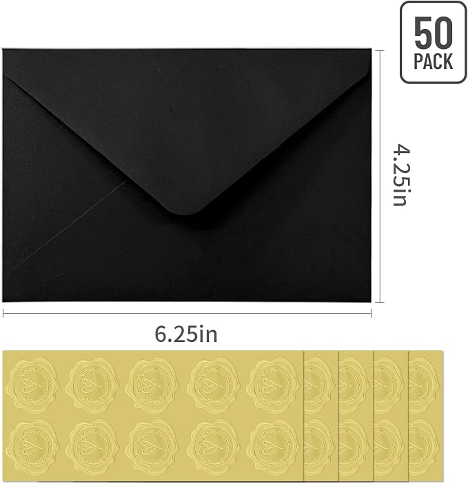 50 PCS Black Colorful A4 Envelopes,4x6 Envelopes for Invitations | 4x6 Envelopes for Greeting Cards, Great for Invitations, Wedding Invitation, Birthday, Baby Shower, Graduation