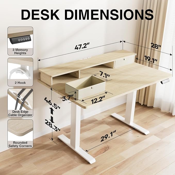 Veken 47x28 in Electric Standing Desk with Drawers, Adjustable Table, Wood | Stand up Computer Desk for Home Office, Work & Study, with Storage, 3 Memory Presets, Cable Organizer, Hook, and Quiet Lift.