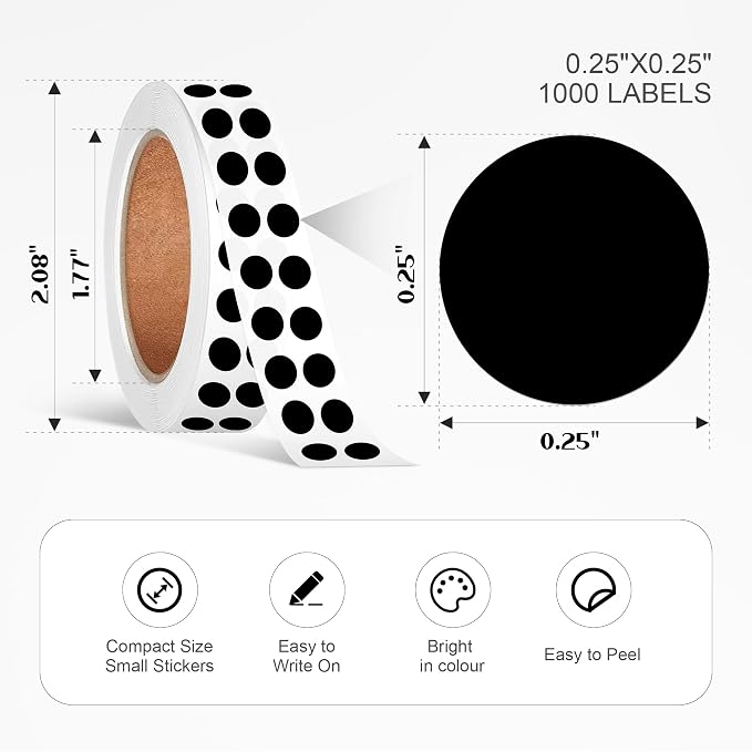 1/4 Inch Dot Stickers, Small Round Sticker, 1000 Dot Label Stickers | 0.25 Inch Black Dot Stickers, Circle Sticker Labels, Sticker Dots for Office and Marking, Small Round Stickers for Labeling
