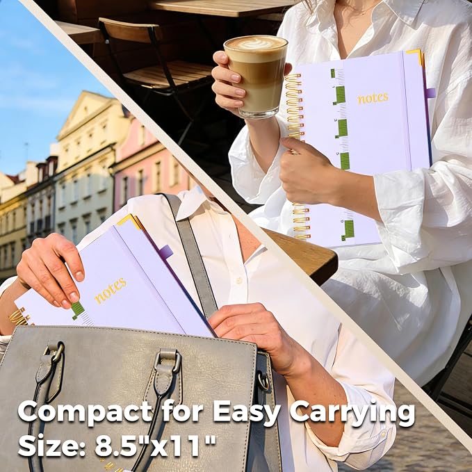 XYark A4 Hardcover Spiral Notebook, 8.5"x11" College Ruled Notebooks with Removable Dividers Tabs & Ruler, 5 Subject Notebook 300 Pages, Large Lined Journal for Women School Work Office, Light Purple