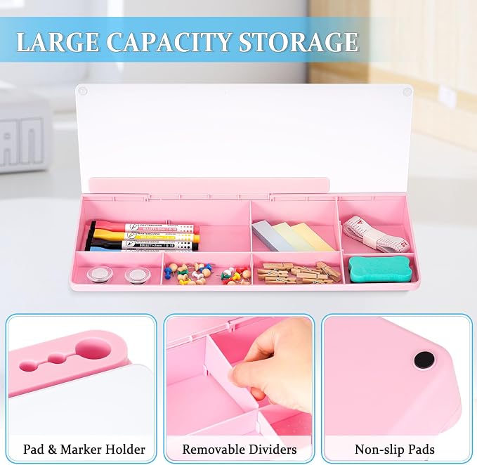 DOLLAR BOSS Glass Desk Whiteboard Small Dry Erase Board, Pink | Desktop White Board with Storage Drawer, Computer Keyboard Stand, Desk Organizer, Office Supplies, With Markers, Eraser