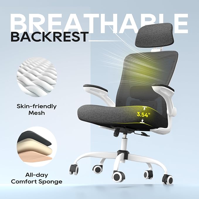Ergonomic Office Chair for Long Hours, Padded Lumbar Support for Lower Back Relief, 330 lb Capacity, Comfortable Computer Desk Chair for Home Office, Computer & Study (Modern, White/Black)