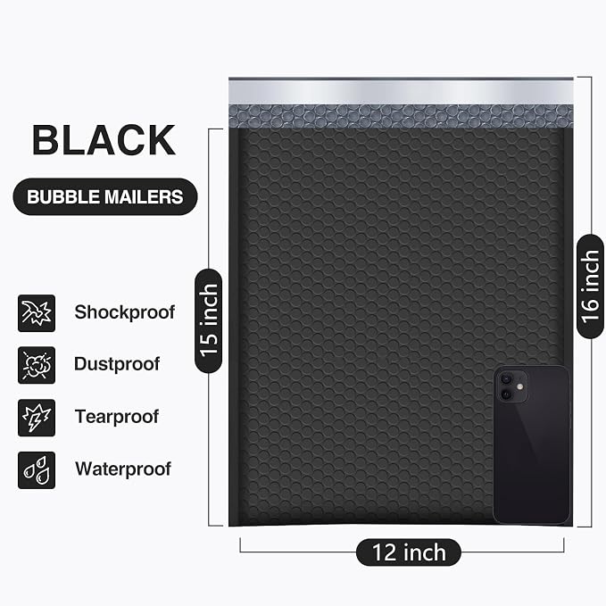 UCGOU Large Bubble Mailers 12x16" 25 Pack Usable Size 12x15" Black Padded | Waterproof Self Seal Adhesive Padded Envelopes Bulk for Small Business Opaque Shipping Bags for Mailing Jewelry Makeup Book