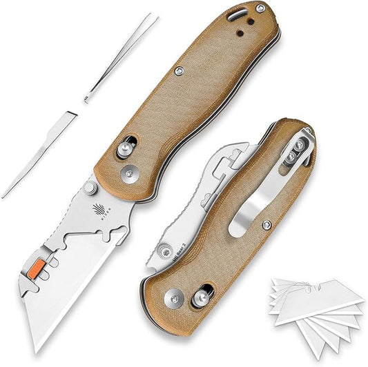 Kizer Uti Bear(Tool-Free Version) Folding Utility Knife, Quick Change Box Cutter EDC knife with 5PCS Razor Blades, Clutch Lock & Pocket Clip Small Pocket Knives for Men Women V3619JA7