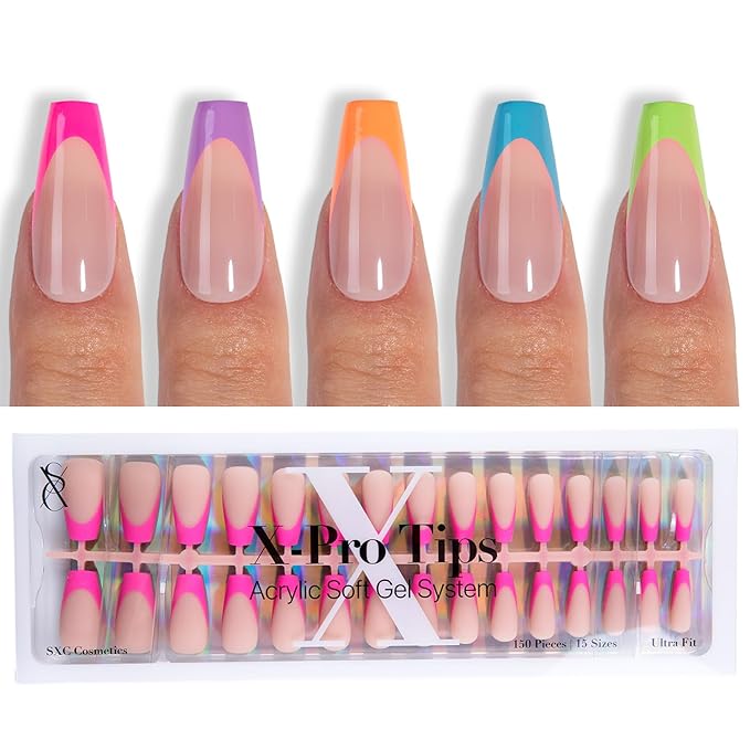 SXC Cosmetics X-Pro Tips French Tip Press On Nails - Bright Pastel Glow in the Dark Series (GLOW120-M Coffin)