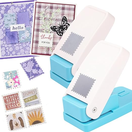 2 Pcs Large Stamp Punch, 1.5 inch Square Stamp Punch & 1.5x1.25inch Rectangular Postage Stamps Punches, Lever Paper Punches for Crafting, Craft Hole Puncher, Large Craft Puncher Stamps for Crafting