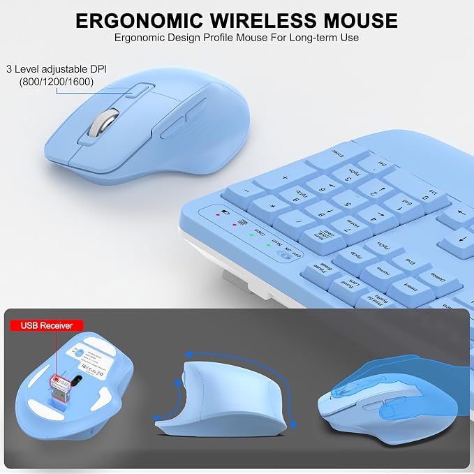 Wireless Keyboard and Mouse Combo, 2.4G Ergonomic Wave Keys(Sky Blue) | Full Size Wave Keyboard with Wrist Rest, 3-Level DPI Adjustable Ergonomic Mouse for Windows and Mac OS Desktop/Laptop/PC
