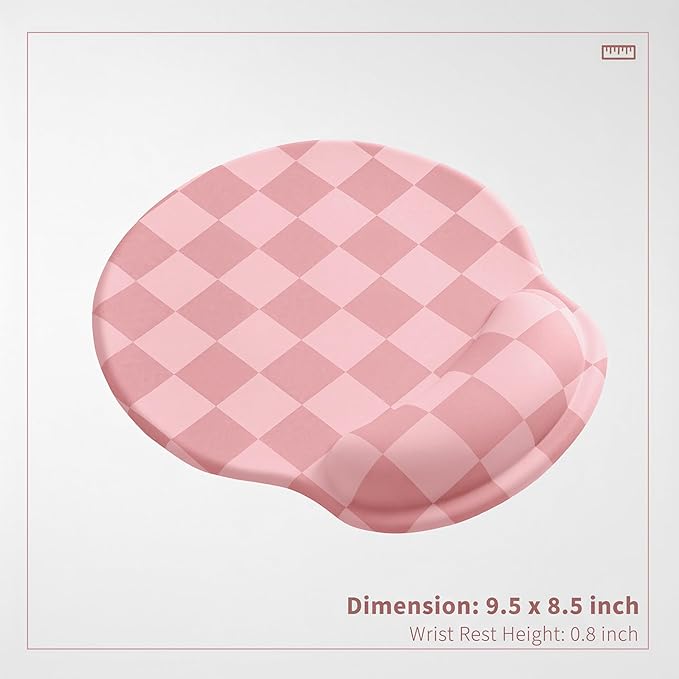 Coral Pink Checkered Mouse Pad with Gel Wrist Rest, Wrist Support, Ergonomic Desk Accessories for Women, Office Laptop Gaming Decor, Cute Aesthetic Check Design