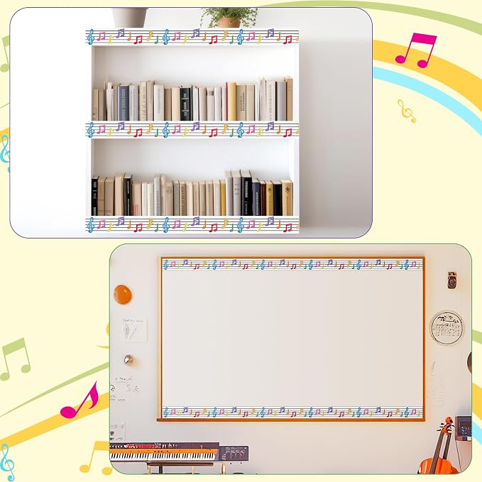 BeYumi Musical Notes Border Trim - 65ft Back to School Musical Notes Straight Rolled Border Trim Pastel Watercolor Bulletin Board Borders Music Themed School Classroom Office Chalkboard Party Decor