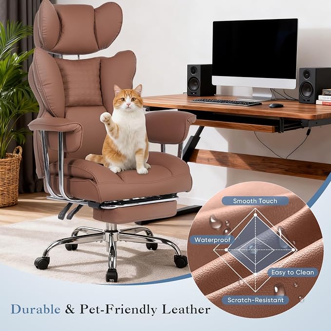 DUMOS Big and Tall Home Office Desk Chair, Executive Chair with Footrest | Scratch-Resistant PU Leather, Ergonomic Reclining, Pocket Spring Support, 400 LBS Weight Capacity, Brown