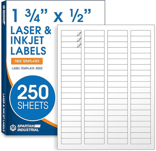 1.75" X 0.5" Matte White Printable Labels for Inkjet and Laser Printers - 250 Sheets, 20000 Custom Stickers for Return Address Labels, Price Tags, File Folders - Spartan Industrial Template R002