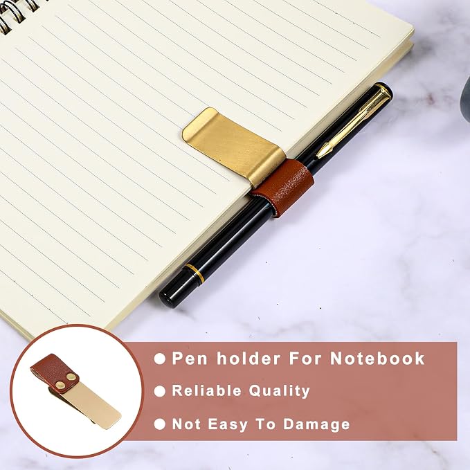 2Pcs PU Leather Pen Clips, Pen Holder for Notebook Metal Pens Loop Holder Notebook Pens Clip for Journal Notebooks Planner Clipboard Office (Black Silver + Brown Gold)