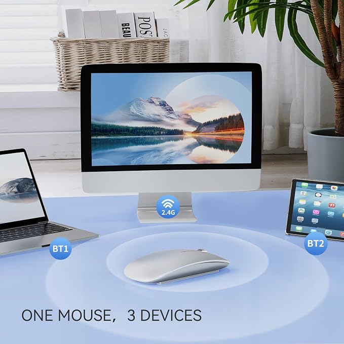 TENMOS M18 Bluetooth Mouse, USB C Rechargeable Wireless Mouse,Silent-Silver | Tri-Mode BT5.1/5.0+2.4G, Quiet Click, Portable, Battery Level Visible, USB Receiver,Type C Adapter, for Laptop/Macbook/iPad