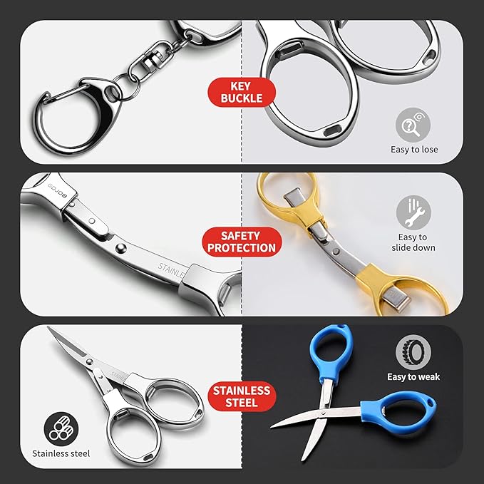 3 PCS Folding Small Scissors, Secure Keychain Scissors, Stainless Steel Retractable Mini for Office, Travel, Fishing