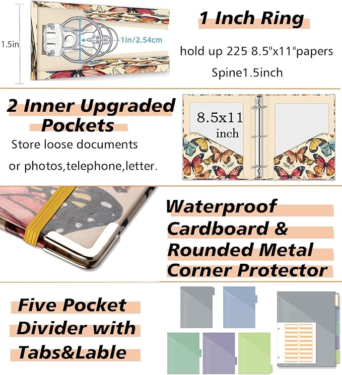 3 Ring Binder 1 Inch,BVSSX Three Ring Binders Organizer with Clipboard, 5-Tabs Pockets Dividers, Plastic Folder, 18 Divider Stikers,Pen Loop (Butterfly, Letter Size)