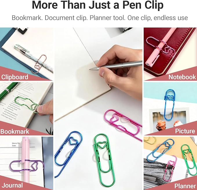 Metal Heart Pen Holder Paper Clip, 18 Pack Notebook & Journal Accessories | Fits pens up to 0.5", six metallic colors for notebooks, journals, planners, and clipboards