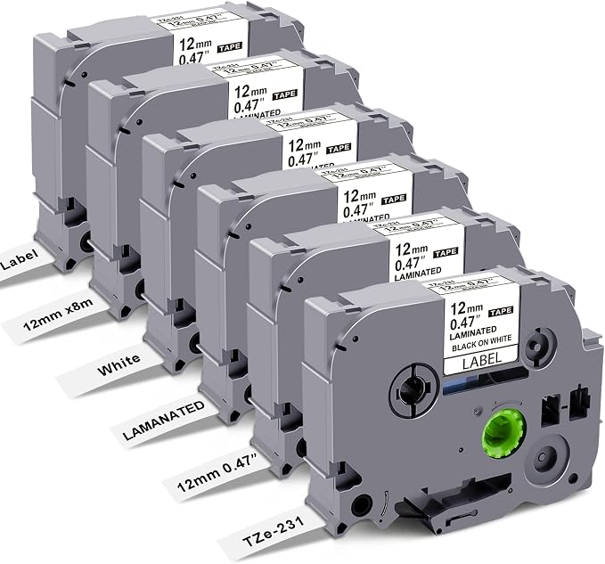 Compatible with Brother TZe TZ Tape 12mm 0.47 Laminated White TZe-231 | P Touch Label Maker Tape TZe231 Refills, Compatible with Brother PT-D210 D220 D400 H110, Black on White, 12mm x 8m, 6-Pack