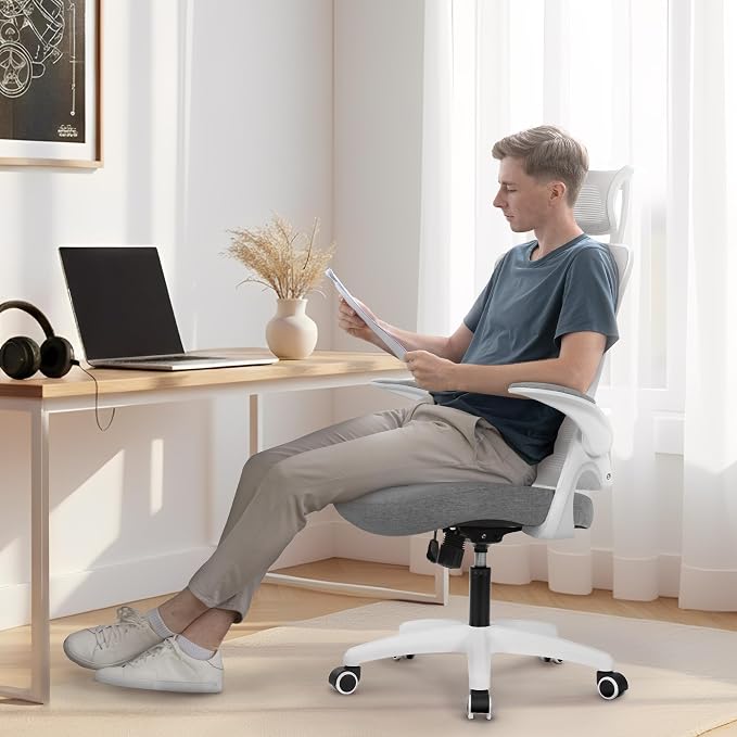 NEO CHAIR Office Desk Chair with Ergonomic High Back Mesh Headrest, Grey | Adjustable Headrest and Lumbar Support with Flip-Up Armrests Designed for Extended Sitting Comfort While Saving Space