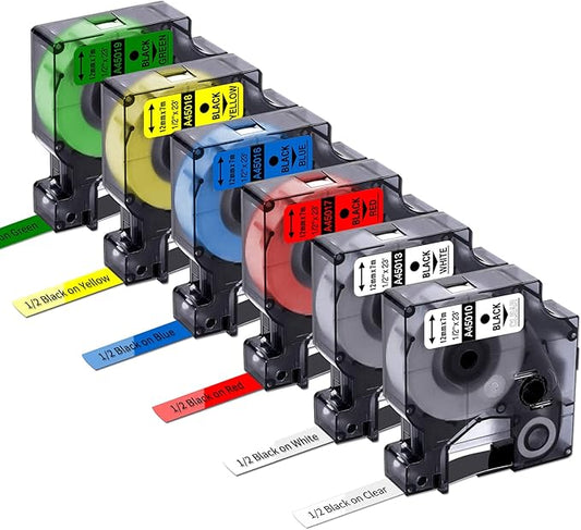 6X Replace for DYMO Label Maker Refills D1 1/2 Inch x 23Ft Black on Colored | Yellow/Red/Blue/Green/Clear/White, Compatible with Dymo D1 Label Tape Cartridges COLORPOP LabelManager 160 210D 260P 280 360D