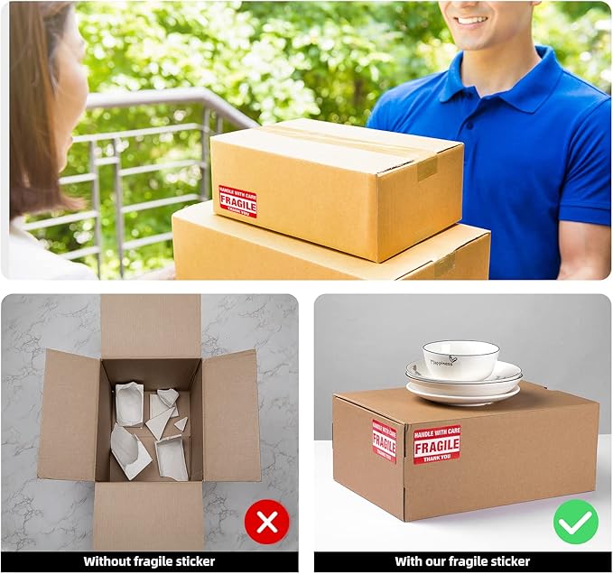 Fragile Stickers for Shipping Moving Boxes 2000 Fragile Labels 2 x 3 Inch Fragile Tape for Shipping Handle with Care Sticker-4 Rolls, Red