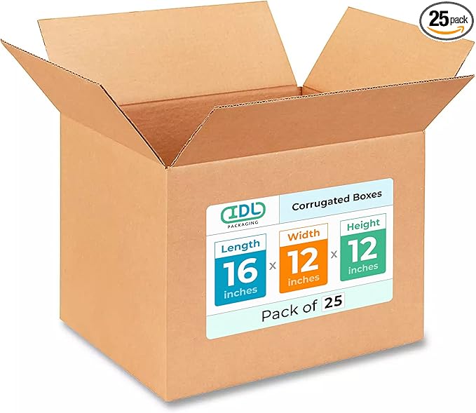 Medium Shipping & Moving Boxes 16"L x 12"W x 12"H (25-Pack) - Extra Strength 200 lb vs Regular - USA-Made Corrugated Cardboard Box - Box for Packaging - Box to Pack by IDL Packaging