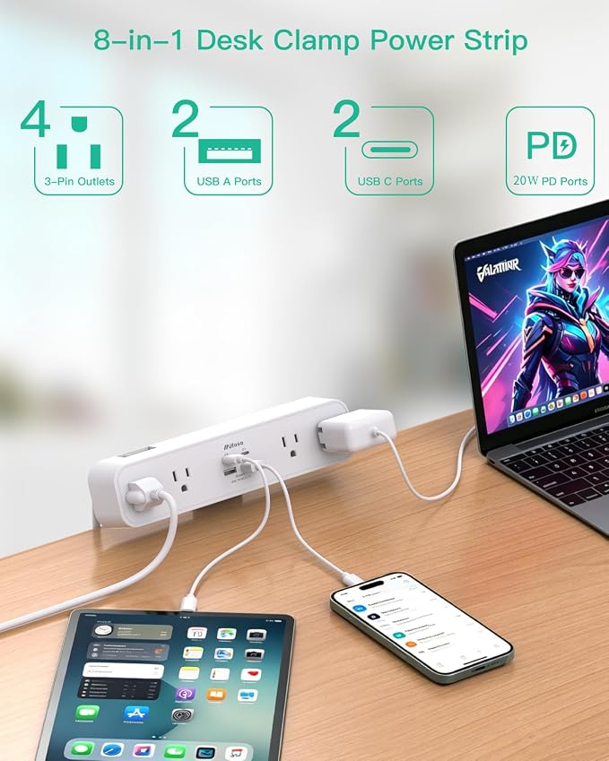 Mifaso PD20W USB C Desk Clamp Power Strip, 1080J Surge Protector | 4 Outlets, 4 USB (2 USBC), 5FT Extension Cord, Desk Organizer Gaming Accessories Office Essentials, Fits 1.96" Edge, White