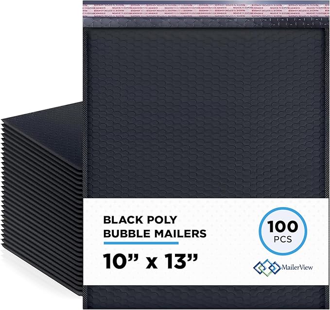 Black 10x13 Inch Poly Bubble Mailers |Self Seal Padded Envelopes for Thick books | Air Cushioned Bubble Mailer | Usable Size 9.5x13 Inch | Waterproof Lightweight Mailing Shipping Bags | 100 Pack Bulk