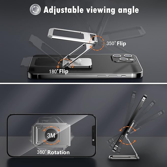 Phone Ring Holder Finger Kickstand 360°Rotation Cellphone Back Grip Foldable Cell Phone Stand for Desk Compatible with iPhone iPad Smartphones Tablets (Aluminum Alloy Silver)