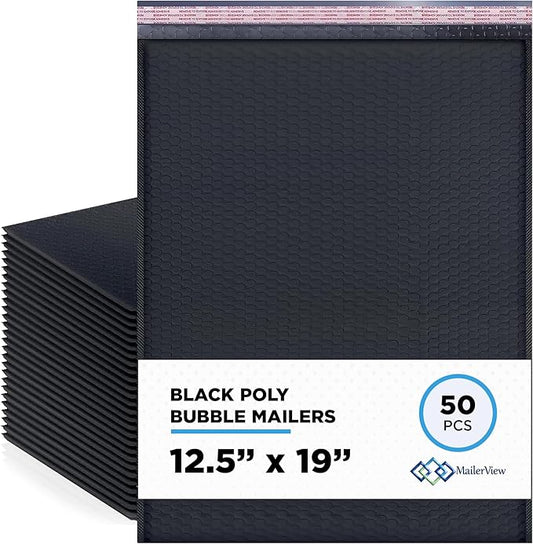 Black 12.5x19.5 Inch Large Poly Bubble Mailers #6 | Padded Envelopes with Self Seal | Air Lined Cushioned Bubble Mailer | Usable Size 12.5x15 | 50 Pack Bulk | Lightweight shipping Bags