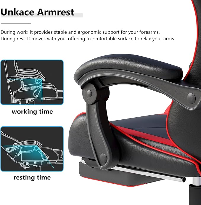 Gaming Chair with Headrest and Lumbar Support, Ergonomic High Back Office Chair, Racing Style Executive Computer Desk Chair, Leather Adjustable Swivel Task Chair for Home Office (Red Black)