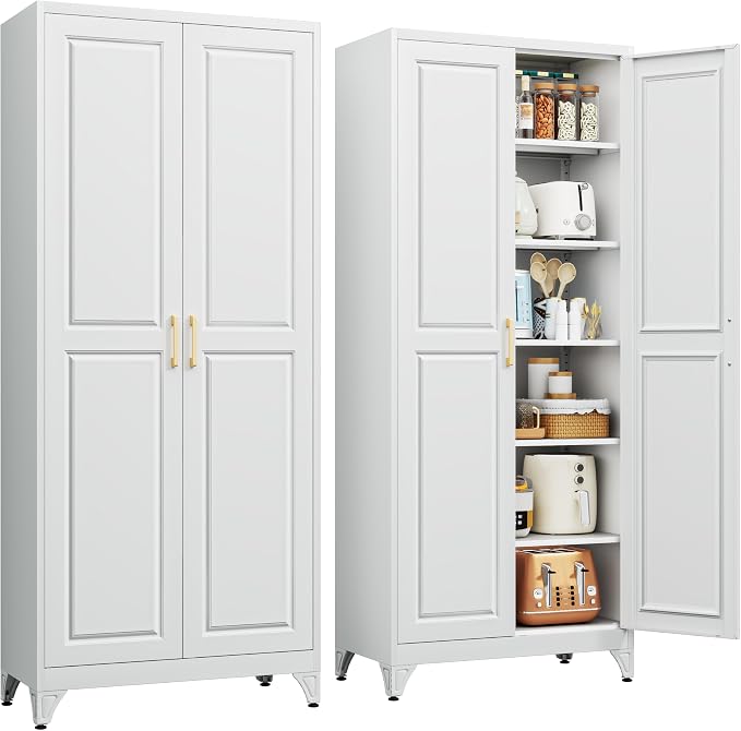 75" Metal Kitchen Pantry Cabinet, Storage Cabinets with 2 Doors | Kitchen Cabinet with 5 Adjustable Shelves, Tall Food Pantry Cabinet, White Cupboard for Kitchen, Dining Room, Living Room