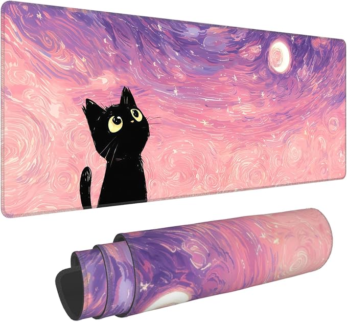 Starry Night Cat Desk Mat,Pink Cute Large Gaming Mouse Pad,31.5x12in | Dreamy Anime Kawaii Extended Mousepad,XL Washable Desk Decor Keyboard Mat,Stitched Edges Mousemat for Women,80x30 cm
