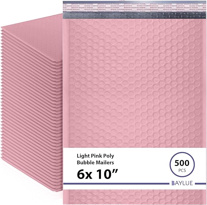 Light Pink Small Poly Bubble Mailers 6x10 inch #0 | Self Seal Padded Envelopes | Cushioned Bubble Mailer | Usable Size 6x9 | WaterProof | Lightweight mailing Shipping Bags | 500 Pack Bulk