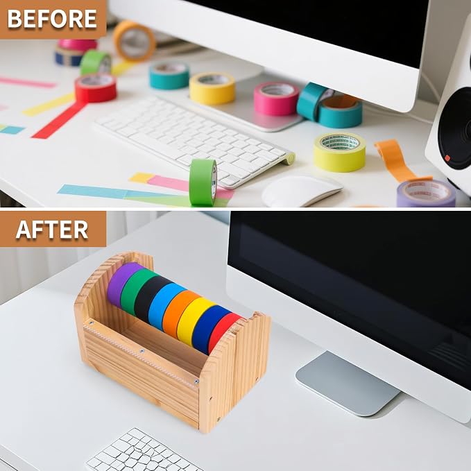 Kids Masking Tape Dispenser, Wooden Multi Roll Craft Tape Dispenser, Washi Tape Holder Organizer, Cutter for Gift Wrapping, Gift for Children Office Home School, Acrylic Serrated Cutter