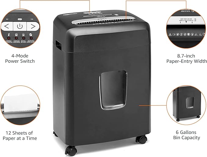Amazon Basics 12 Sheet High Security Micro Cut Paper, Credit Card and CD Shredder with 6 Gallon Easy Emptying Bin, Casters, Black